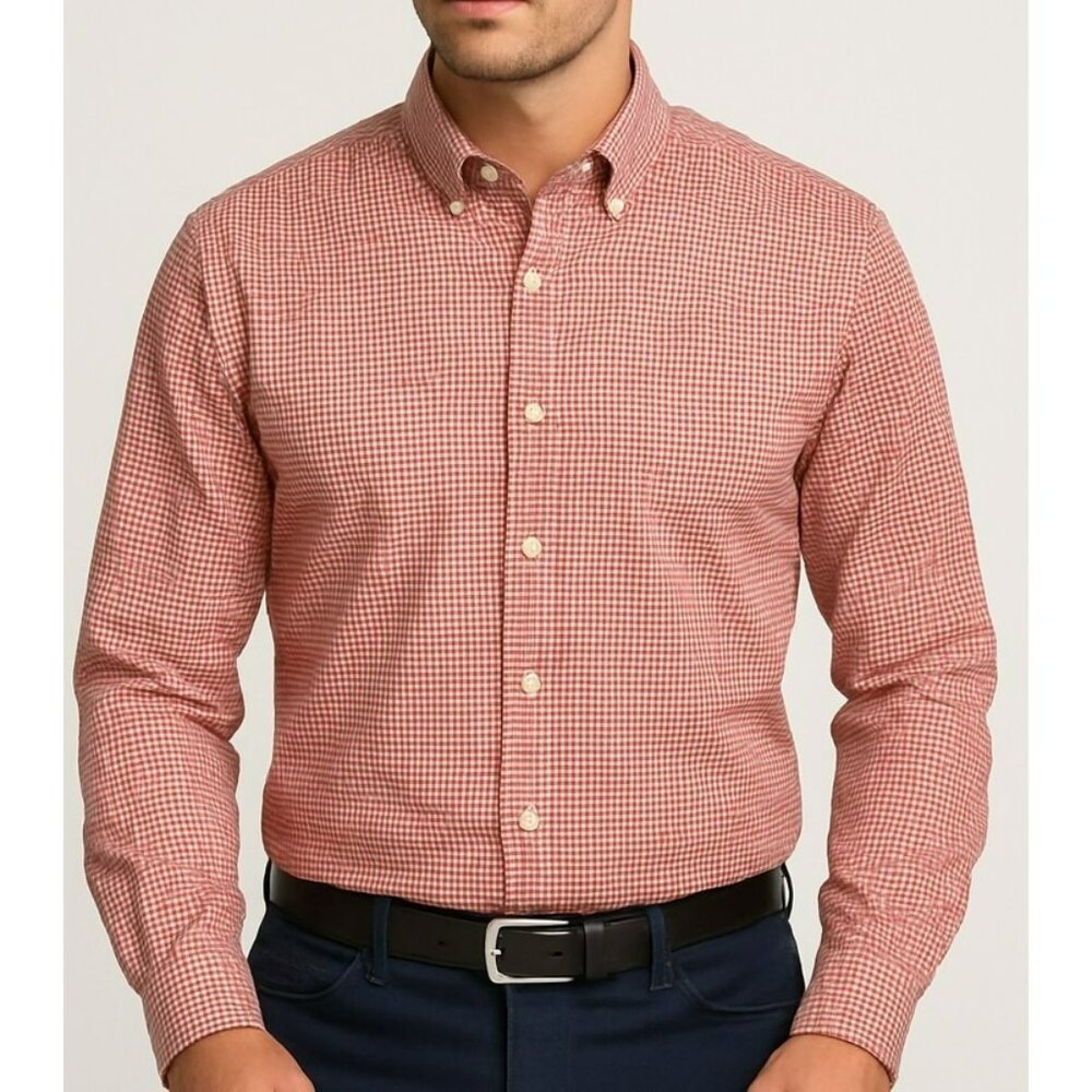 Peter Millar Men's Pink & Brown Plaid Cotton Dress Shirt LRG Preppy Sleek